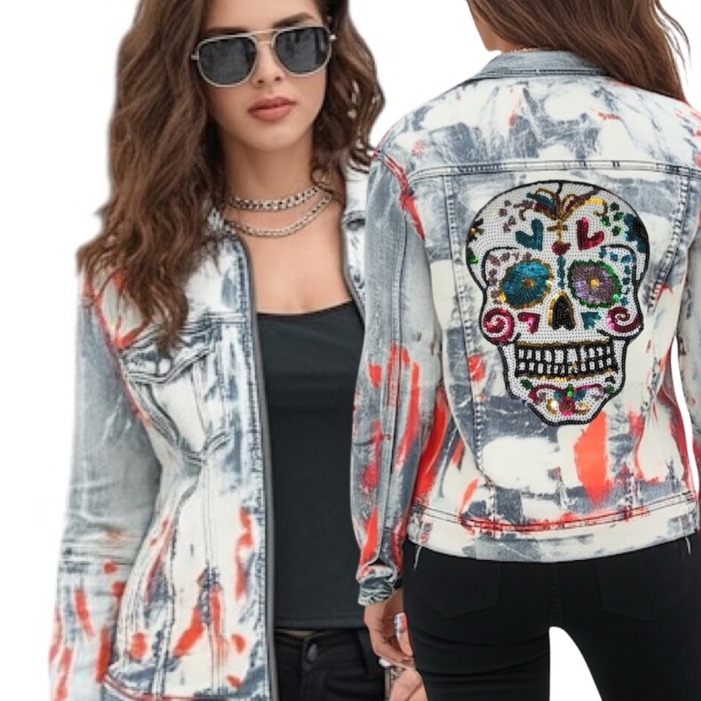 Your Adventure Oversized Sequin Sugar Skull Denim Jacket Customize with Travel!